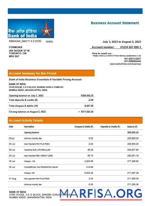 Blank Bank of India company checking account statement Word and PDF template